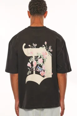 HEAVY OVERSIZE BIRD & ROSES T-SHIRT BLACK