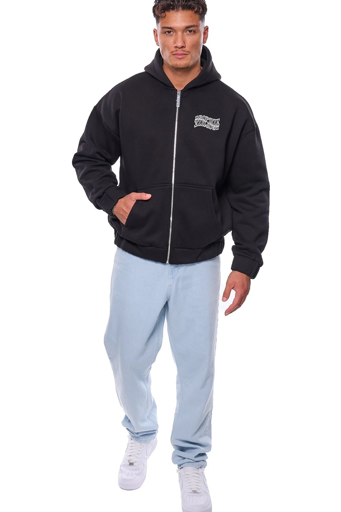 HEAVY OVERSIZE MIRRORED LOGO ZIP-HOODIE BLACK