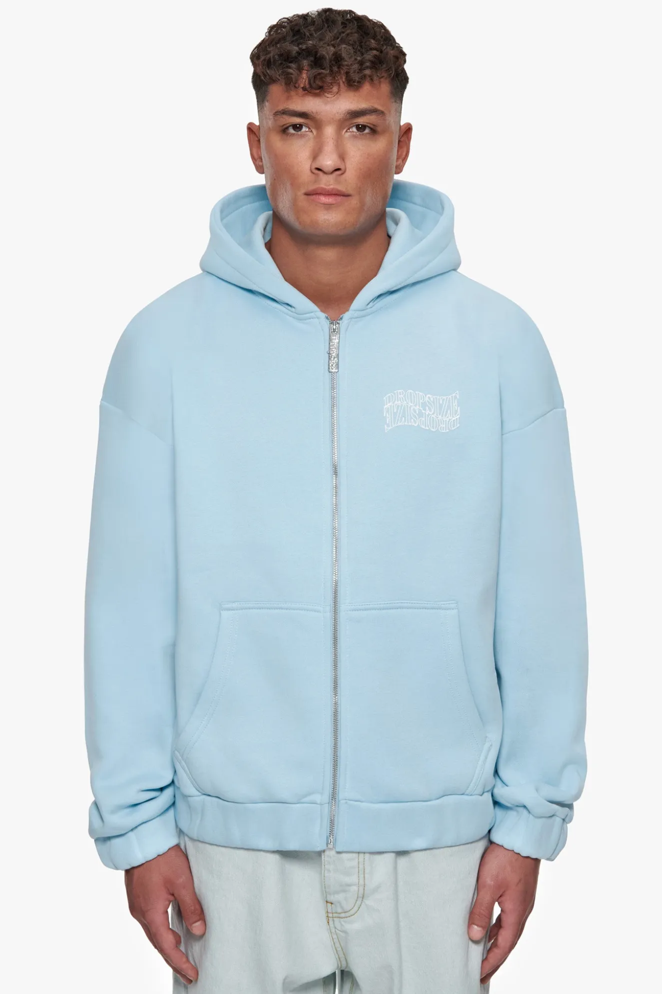 HEAVY OVERSIZE MIRRORED LOGO ZIP-HOODIE BABY BLUE