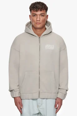 HEAVY OVERSIZE MIRRORED LOGO ZIP-HOODIE STONE