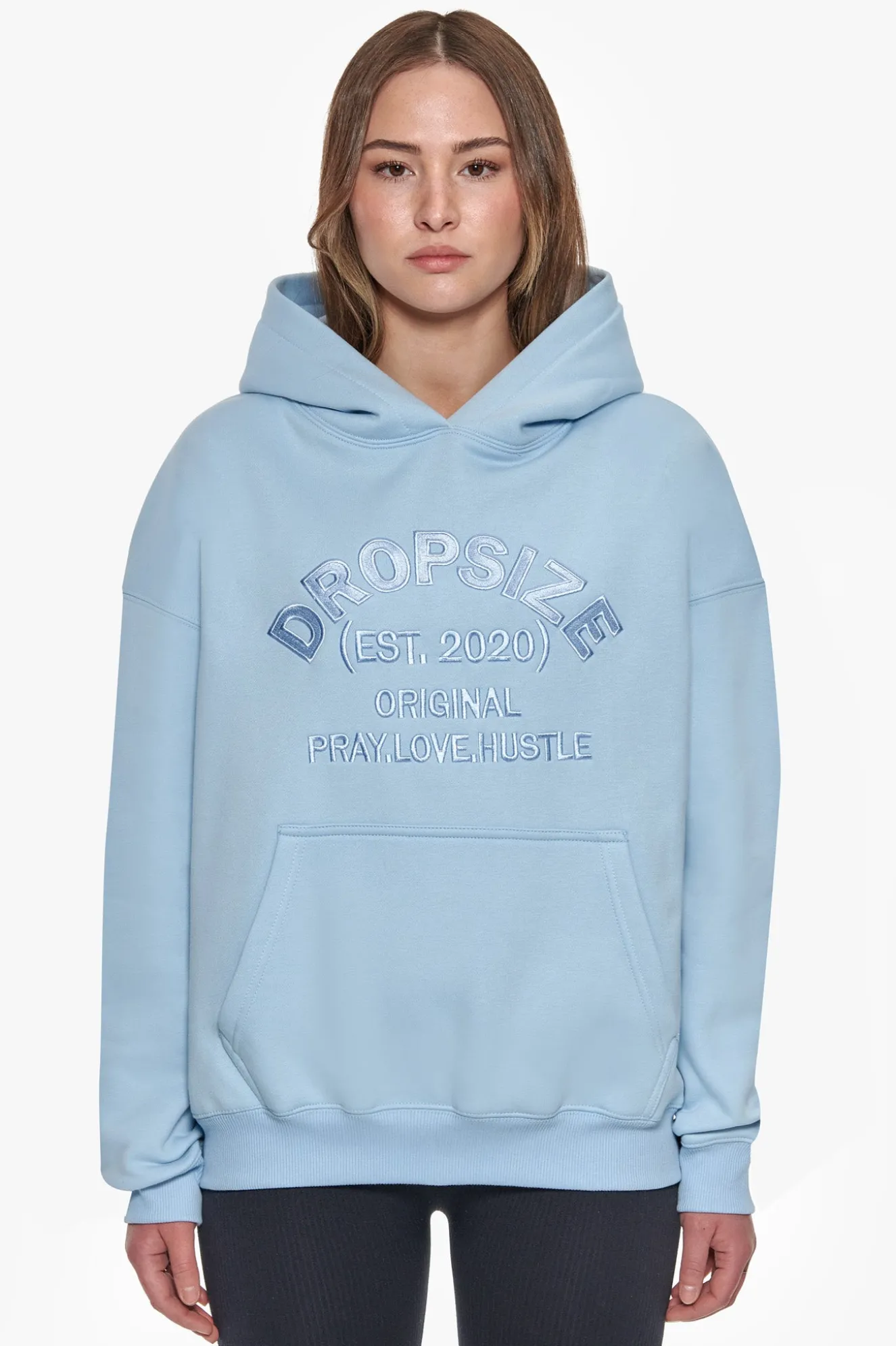 HEAVY OVERSIZE PRAY LOVE HUSTLE EMBO HOODIE BABY BLUE