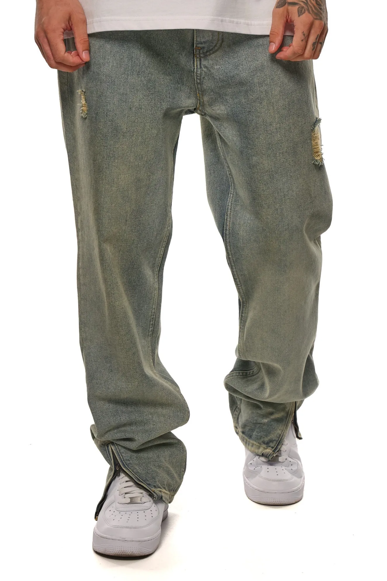 RIPPED ZIP JEANS