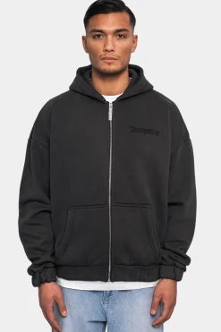 SUPER HEAVY OVERSIZE LOGO ZIP HOODIE ACID WASHED BLACK