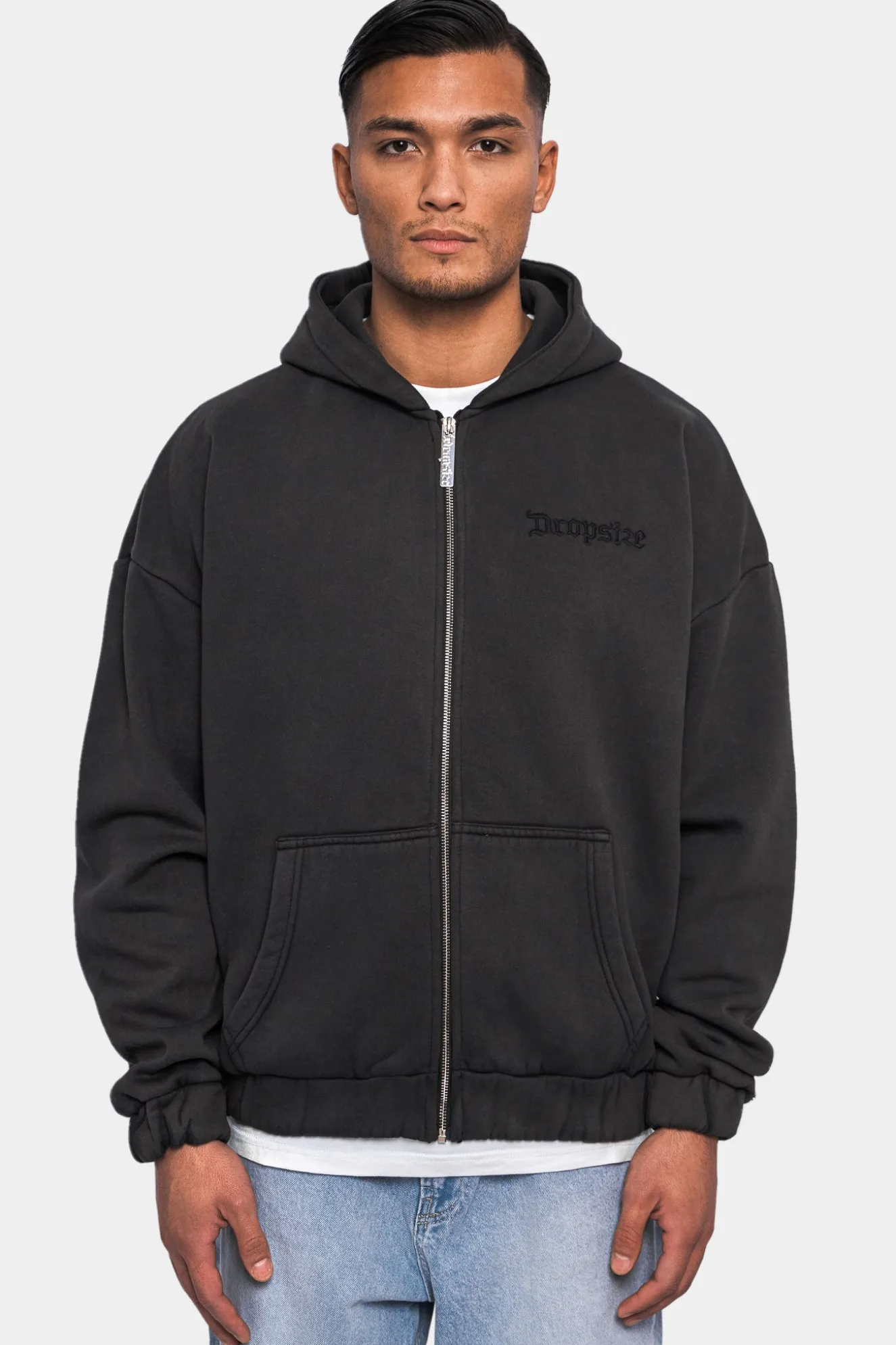 SUPER HEAVY OVERSIZE LOGO ZIP HOODIE ACID WASHED BLACK