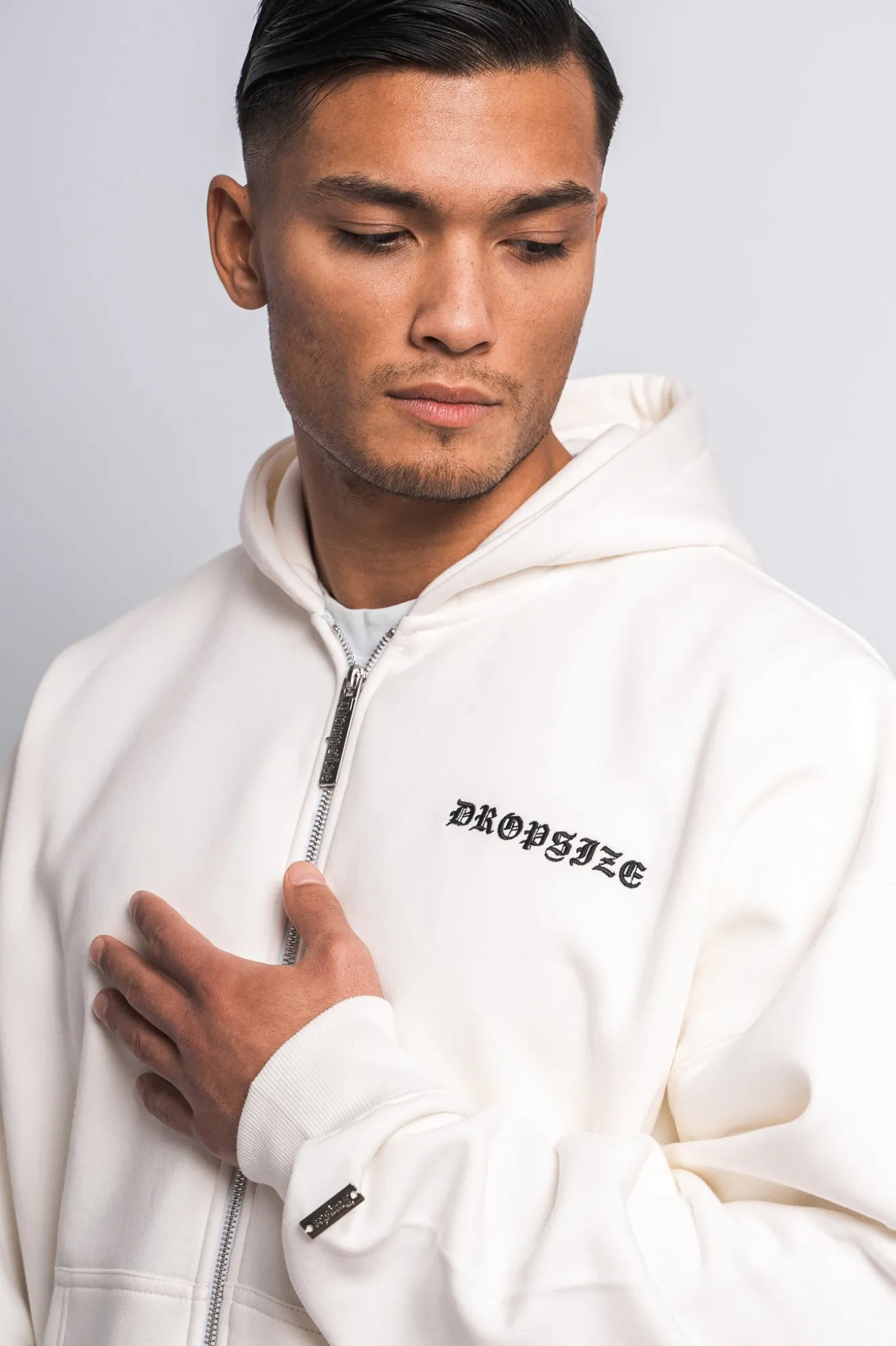 SUPER HEAVY OVERSIZE LOGO ZIP HOODIE CREAM WHITE